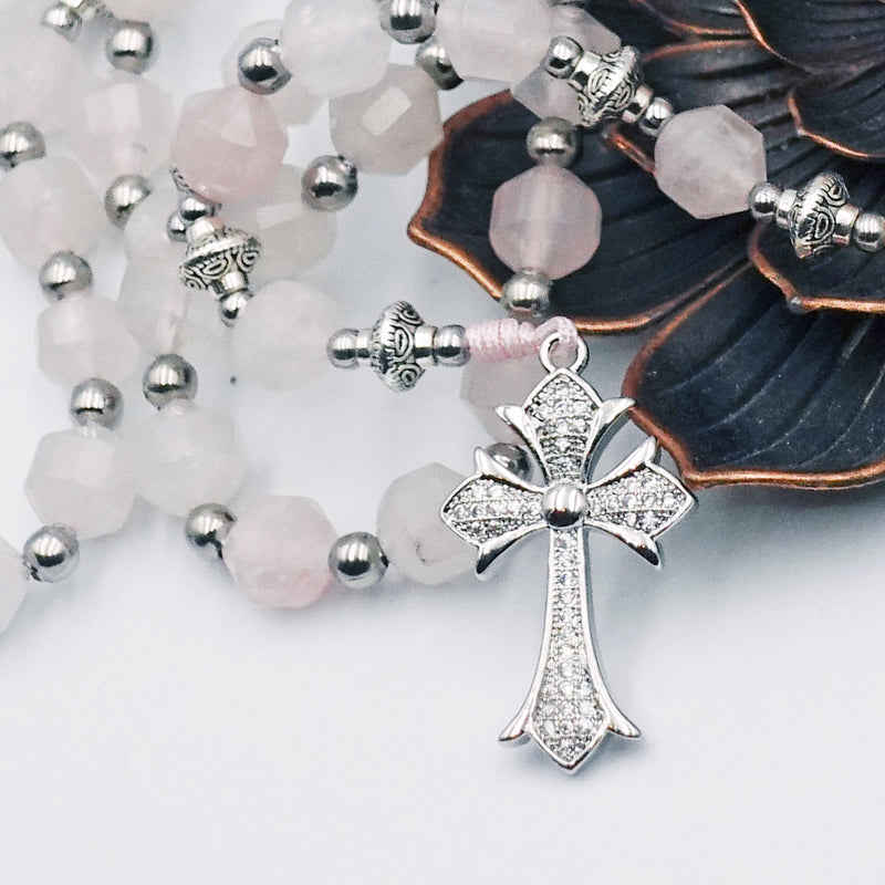 Rosary in Quarter Rose, white gold plated cross