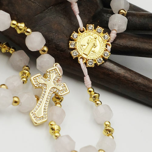 Rosary in Rose Quartz, gold-plated cross