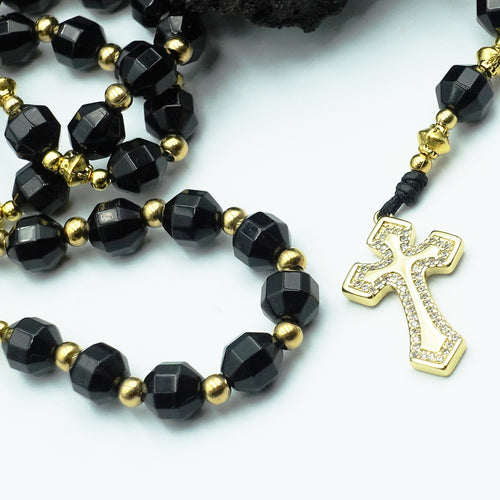 Chapelet en Agates Noires, croix plaquée or