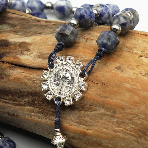 Blue Jasper rosary, white gold plated cross