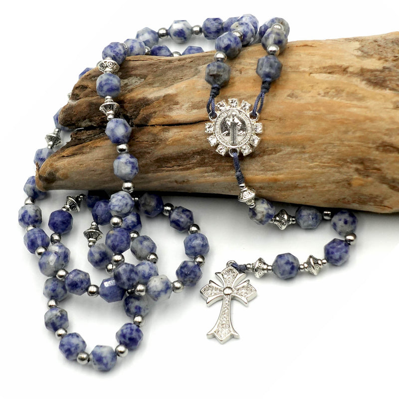 Blue Jasper rosary, white gold plated cross