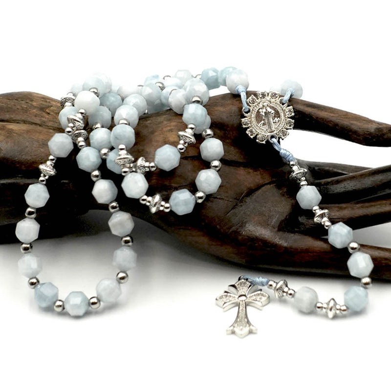 Rosary in Aquamarines, white gold plated cross