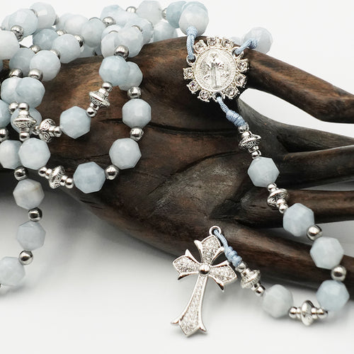 Rosary in Aquamarines, white gold plated cross