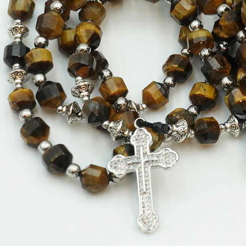 Tiger's Eye rosary, platinum-plated cross
