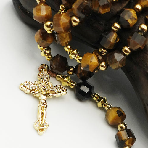Tiger's Eye rosary, gold-plated cross