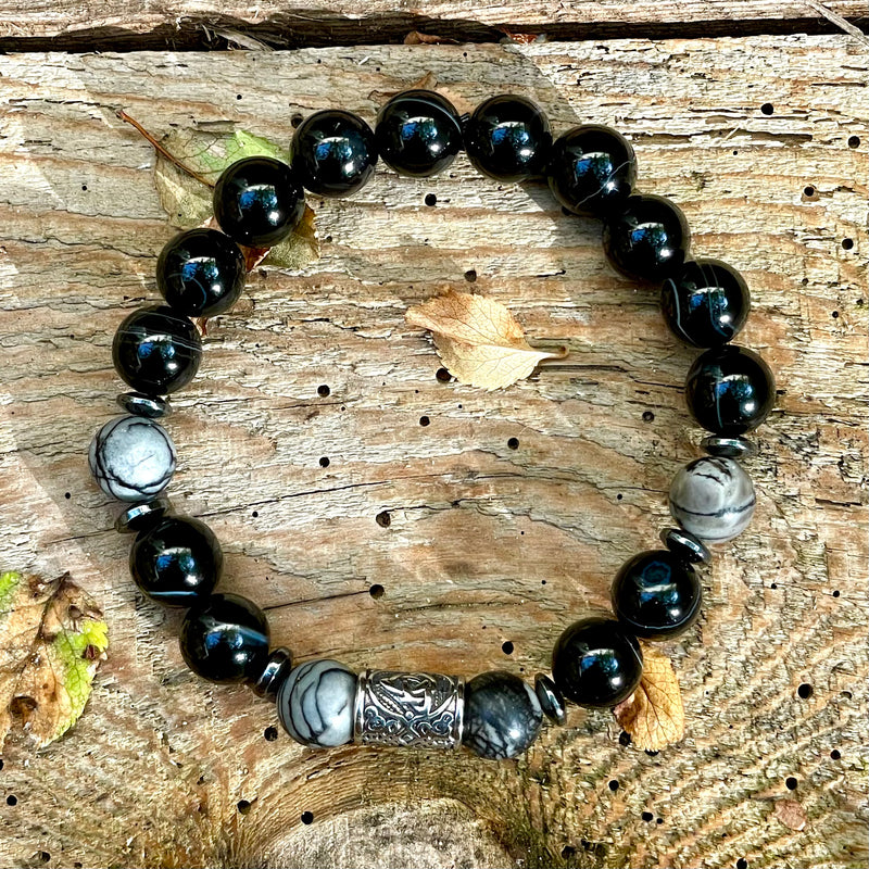 ♞ Bracelet en Agate Noire et Jaspe Netstone