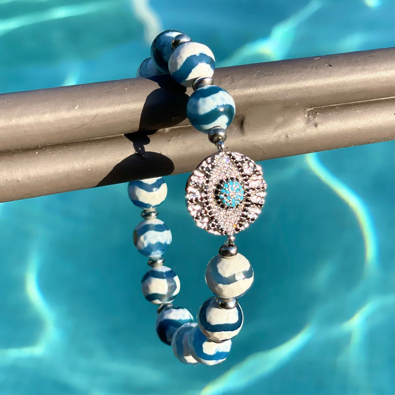 ♥︎ Bracelet en Agates Dzi Bleues et Blanches